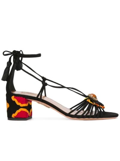Aquazzura Samba Raffia-embellished Suede Block-heel Sandals In Black