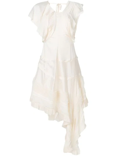 Chloé Asymmetric Lace-trimmed Silk-blend Dress In Neutrals