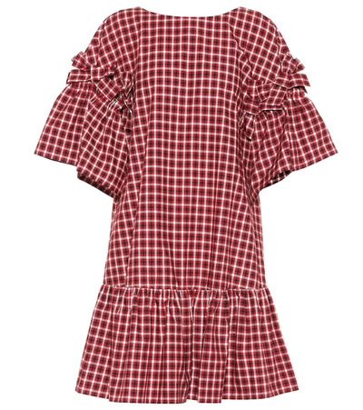 Fendi Ruffled Bow-embellished Checked Cotton-poplin Mini Dress In Red