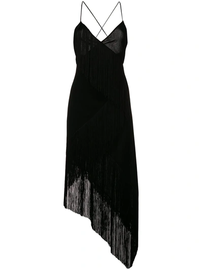 Givenchy Asymmetric Fringed Wool-crepe Wrap-effect Midi Dress In Black