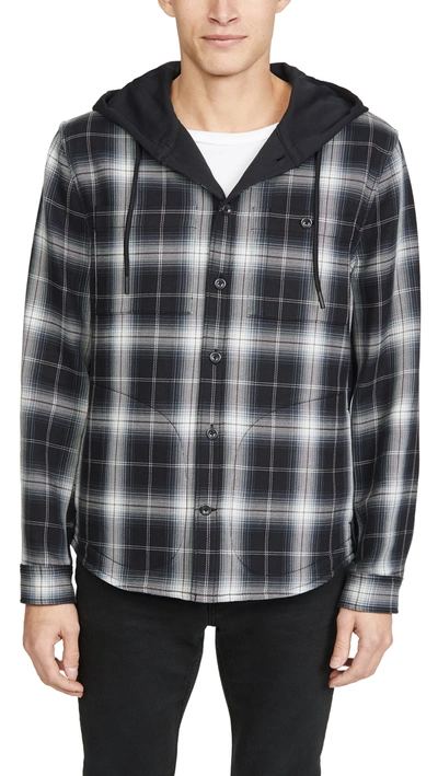 Vince Classic Plaid Contrast Detail Hooded Shirt Jacket In Black