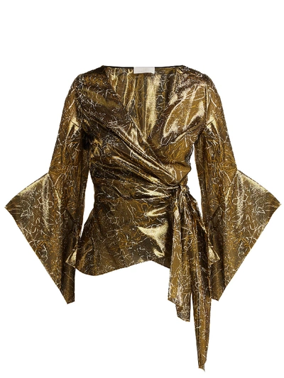 Peter Pilotto Metallic Silk-blend Floral-jacquard Wrap Top In Gold