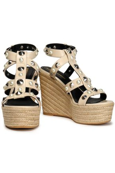 Nicholas Kirkwood Embellished Leather Espadrille Wedge Sandals In Beige