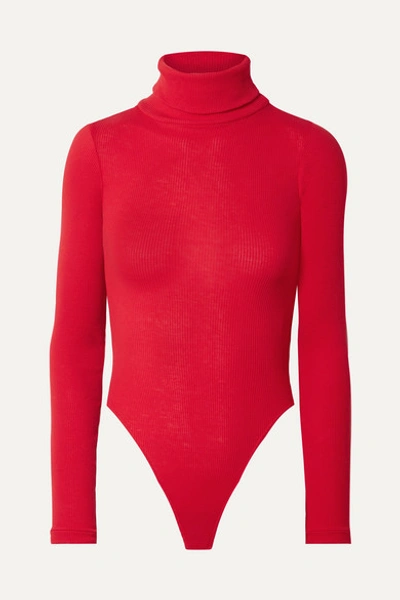 Re/done Ribbed Cotton-jersey Turtleneck Thong Bodysuit In Red