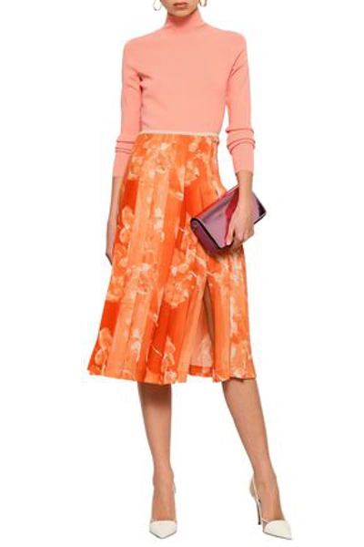Victoria Beckham Pleated Printed Crepe Midi Skirt In Orange