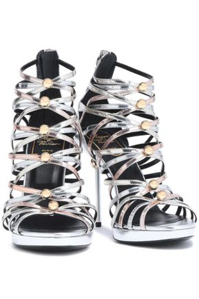 Roger Vivier Studded Metallic Leather Sandals In Silver