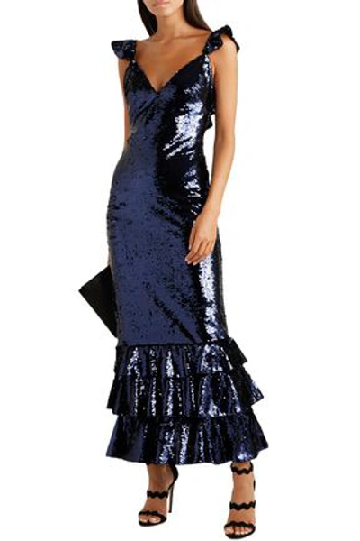 Monique Lhuillier Tiered Sequined Mesh Gown In Indigo