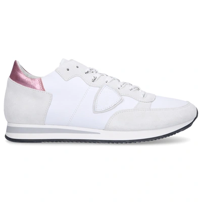 Philippe Model Low-top Sneakers Tropez Calfskin Suede Logo Patch Rose White-combo In Pink