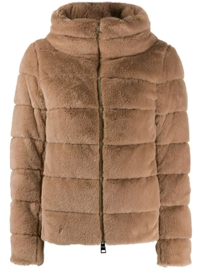 Herno Quilted-down Faux-fur Jacket In Brown