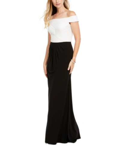 Adrianna Papell Pintucked Off-the-shoulder Gown In Ivory/black