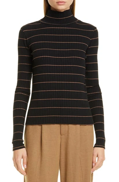 Vince Stripe Rib Stretch Cotton Turtleneck Sweater In Black/ Ambrette