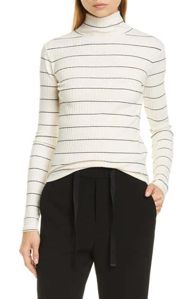 Vince Stripe Rib Stretch Cotton Turtleneck Sweater In Chiffon/ Coastal