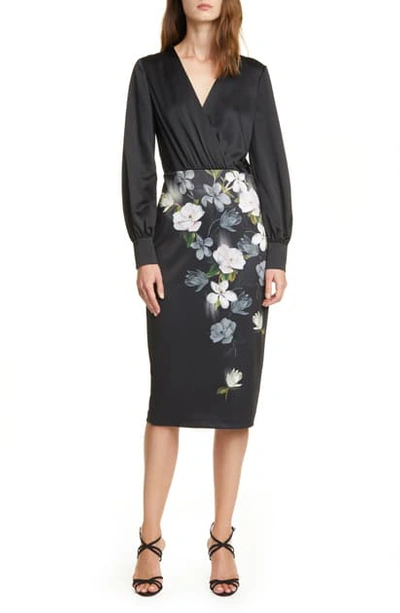 Ted Baker Alithea Floral Long Sleeve Midi Dress In Black
