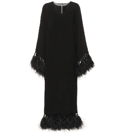 Valentino Feather-trimmed Silk Dress In Black