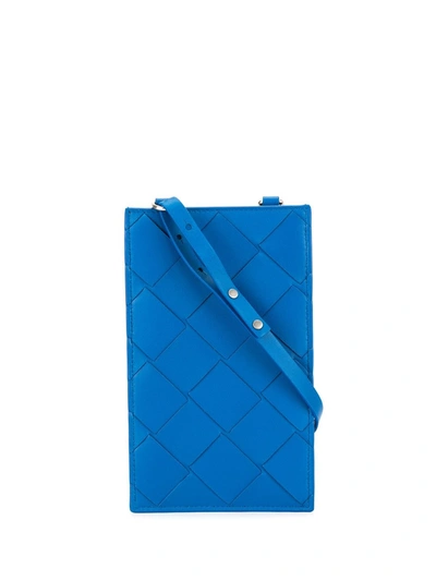 Bottega Veneta Woven Cardholder With Neck Strap In Blue