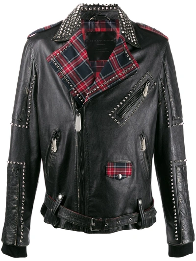 Philipp Plein Tartan Lined Biker Jacket In Black