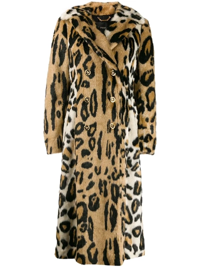 Versace Leopard Print Double-breasted Coat In Brown