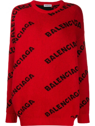 Balenciaga Allover Logo Crewneck Sweater In Red