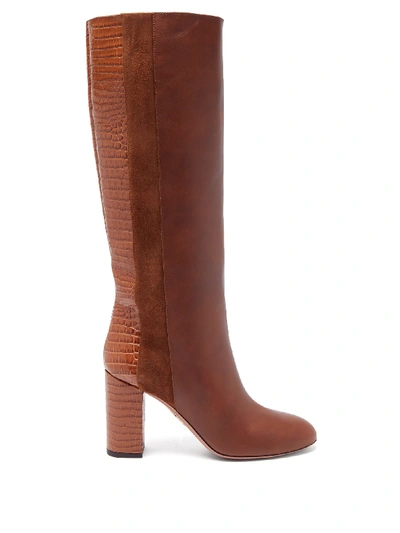 Aquazzura Eaton 85 Croc-embossed Knee-high Leather Boots In Cinnamon