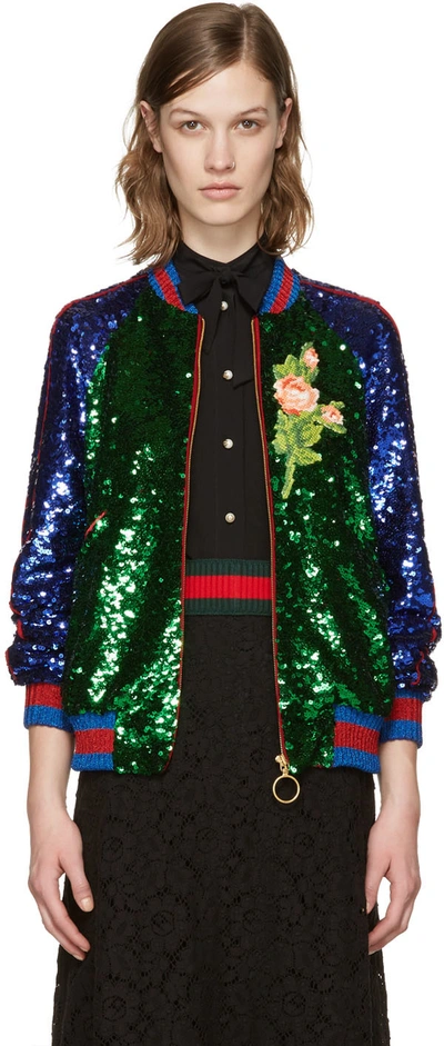 Gucci Appliquéd Sequined Tulle And Satin Bomber Jacket In Green