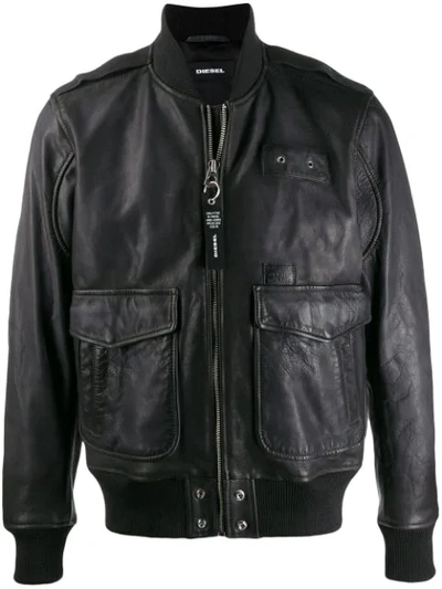 Diesel Aged Leather Aviator Jacket In Black