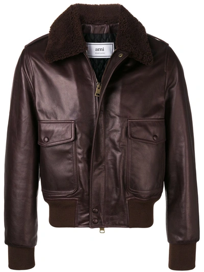 Ami Alexandre Mattiussi Shearling Grained Leather Jacket In Brown