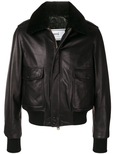 Ami Alexandre Mattiussi Shearling Grained Leather Jacket In Black