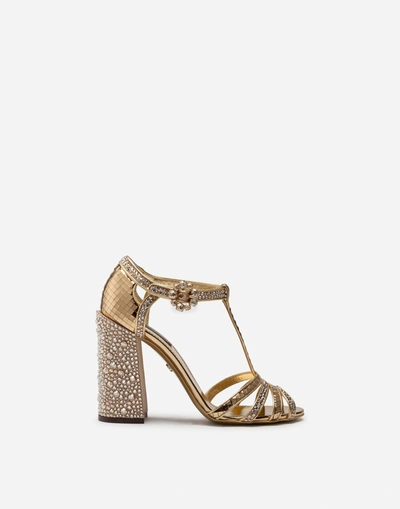 Dolce & Gabbana T-strap Sandal In Mirrored Patent Leather With Rhinestones In Gold