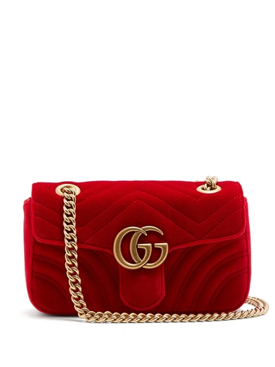 Pre-owned Gucci Gg Marmont Shoulder Bag Matelasse Velvet Small Hibiscus Red  | ModeSens