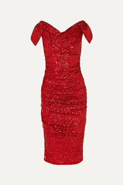 Dolce & Gabbana Off-the-shoulder Ruched Sequined Tulle Dress In Red