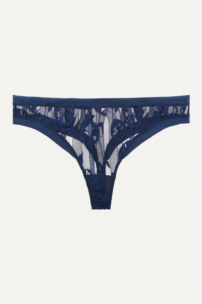 Eres Jane Satin-trimmed Stretch-lace Thong In Blue