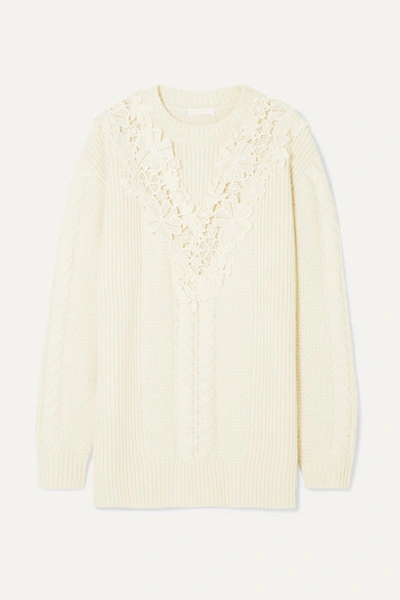 See By Chloé Guipure Lace-trimmed Cable-knit Wool-blend Sweater In Shell Yellow