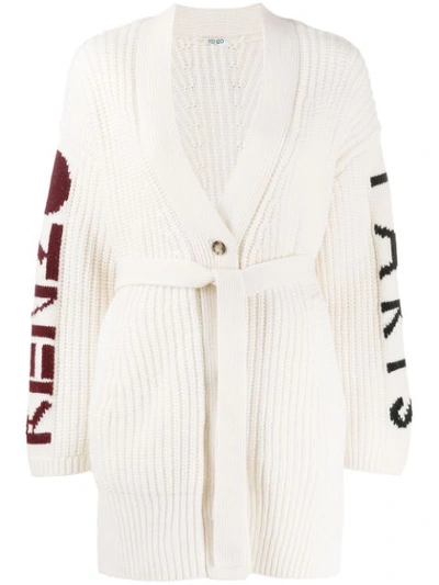 Kenzo Belted Ribbed Intarsia Wool-blend Cardigan In White