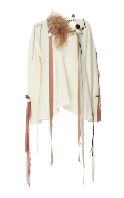 Loewe Feather And Grosgrain-trimmed Cashmere Sweater In White