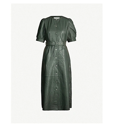 Gestuz Suri Belted Leather Midi Dress In Dark Green | ModeSens