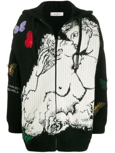 Valentino Embroidered Hooded Cardigan In Black