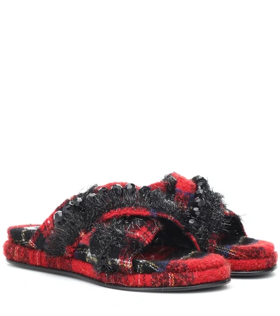 Simone Rocha Red And Black Bead Embellished Tartan Wool Slides