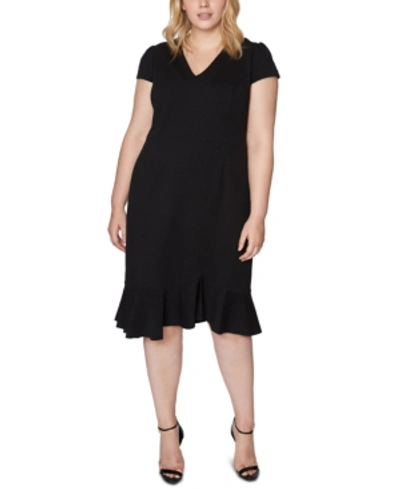 Betsey Johnson Trendy Plus Size V-neck Flounce Midi Dress In Onyx