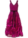 Marchesa Notte Mix-media Textured Tulle Tea Length Dress In Purple
