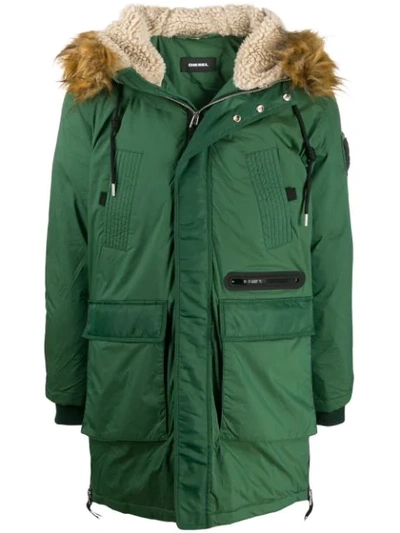 Diesel Padded Jacket With Faux-fur Hood In Green