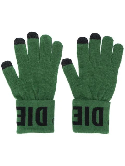 Diesel Knitted Gloves With Logo Cuffs In Green