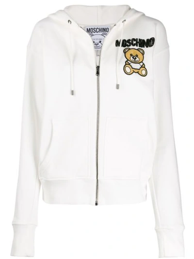 Moschino Beaded Teddy Bear Zipped Hoodie In 3002 White