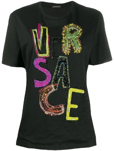 Versace Logo Sequin T-shirt In Black
