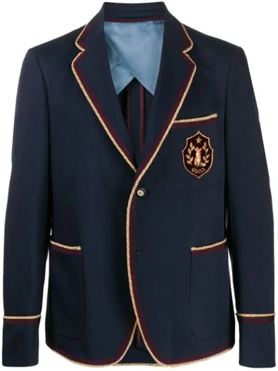 Gucci Embroidered Logo Patch Blazer In Blue