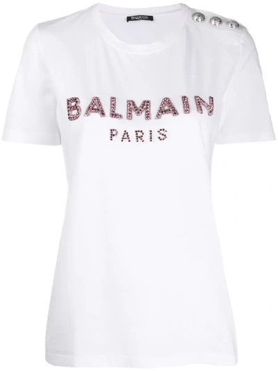 Balmain Beaded Logo T-shirt In White