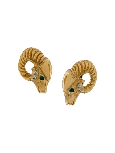 Pre-owned Susan Caplan Vintage 1980s Kenneth Jay Lane Ram's Head Earrings In Gold
