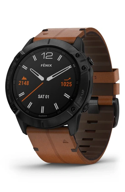 Garmin Fenix 6x Sapphire Dlc With Leather Band Premium Multisport Gps Watch, 51mm In Black/brown