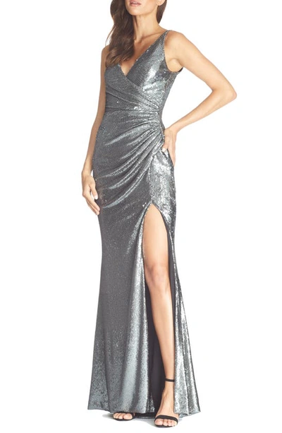 Dress The Population Jordan Ruched Mermaid Gown In Grey