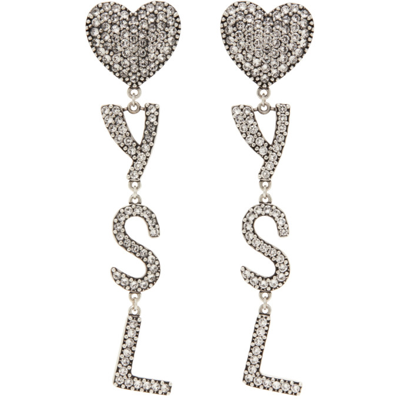 Saint Laurent Silver Crystal Heart Earrings