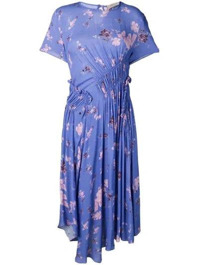 Preen Line Lois Ruched Floral-print Crepe De Chine Midi Dress In Blue